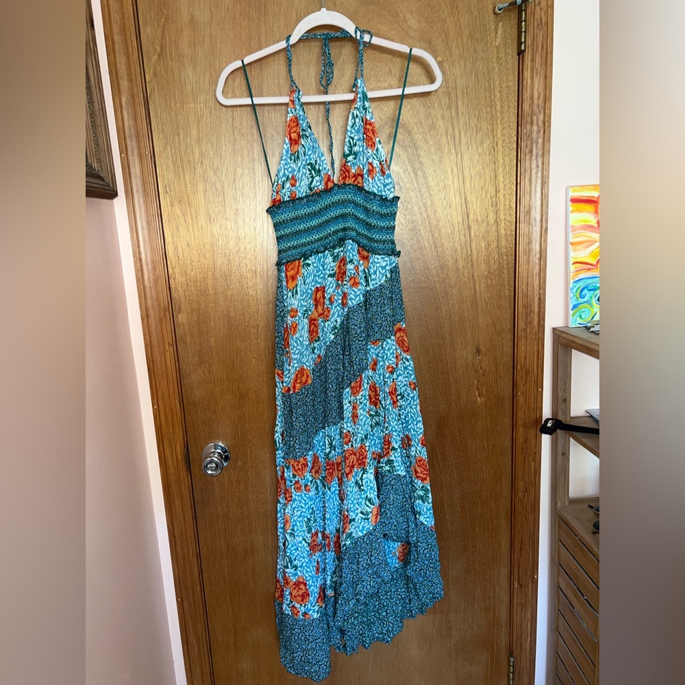 Free People Teal Floral Backless Halter Maxi Dress with Orange Roses - Picture 3 of 7